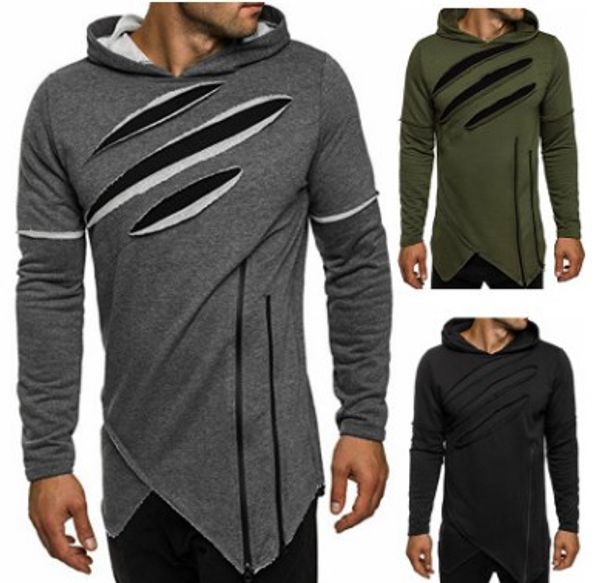 

sweatshirt hoodies men patchwork hip hop hole irregular hoodies men slim fit pullover fashion high street autumn clothing, Black