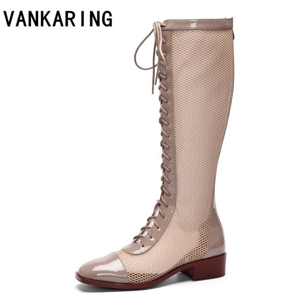 

summer boots low thick heels square toe platform fashion air mesh shoes woman breathable lace up knee high boots for women shoes, Black