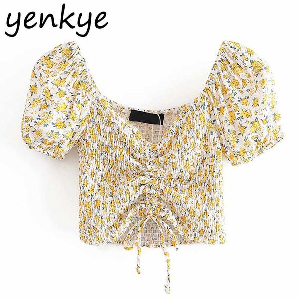 

vintage floral print crop women v neck puff sleeve front drawstring female elastic holiday summer short blouse, White