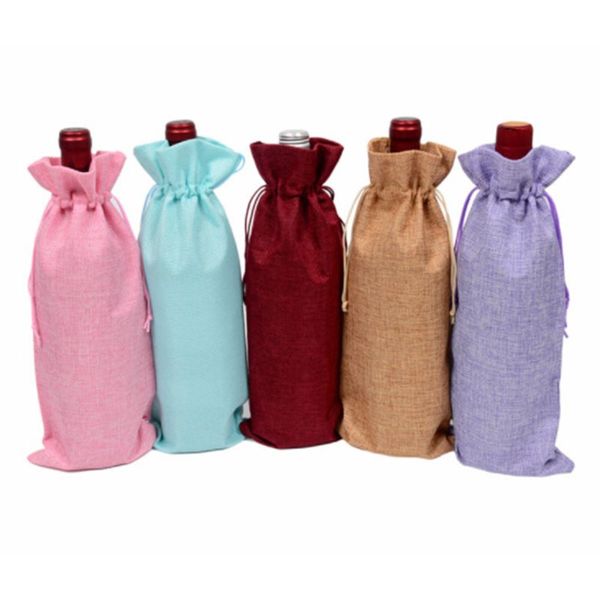 

10pcs rustic linen drawstring champagne red wine bottle bag gift packaging wrap