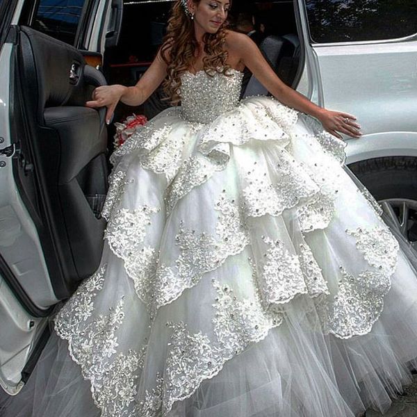 

new arrival pearls lace ball gown wedding dresses bridal gowns strapless crystal beaded luxury designer corset back saudi arabic cheap, White