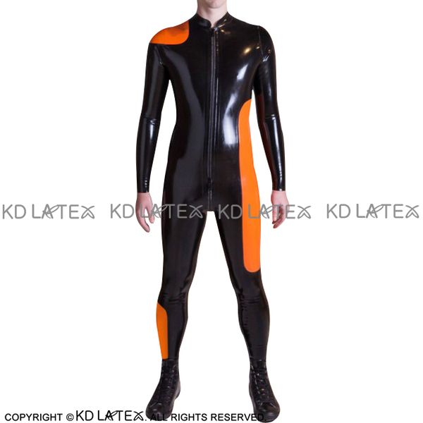 

black with orange trims at sides latex catsuit front to crotch zipper rubber bodysuit zentai overall body suit lty-0266