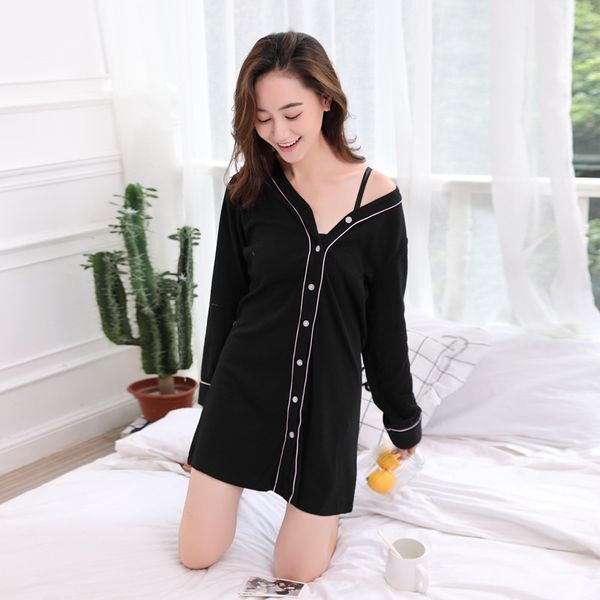 

shirt-style all-cotton pajamas, women's black nightdress, long-sleeved v-necked cardigan, modal household clothing, spring, Blue;gray