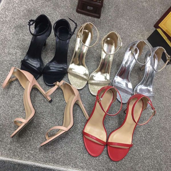 

designer luxury sandals women high heel shoes summer stiletto sandals fashion ankle strap style with leather sole red black color