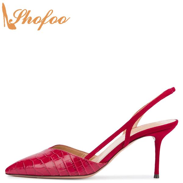 

red flock crocodile embossed slingbacks pointed toe high thin heels sandals large size 13 16 ladies fashion mature shoes shofoo, Black