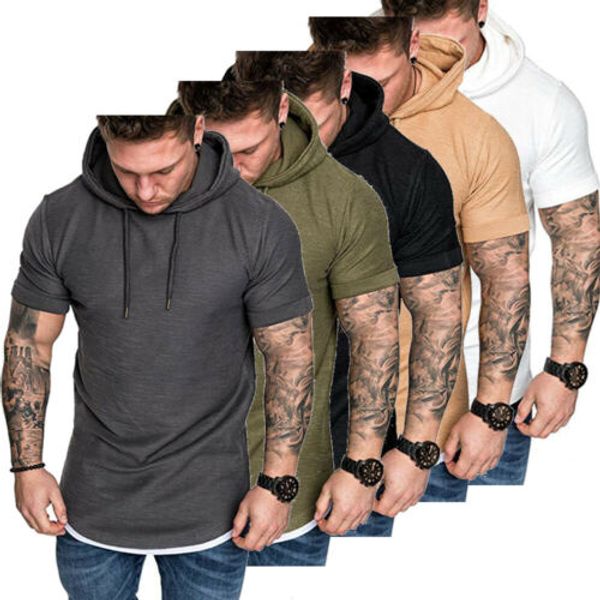 

fashion hoodie muscle hooded short sleeve shirts slim fit shirt mens basic iuomw, Black