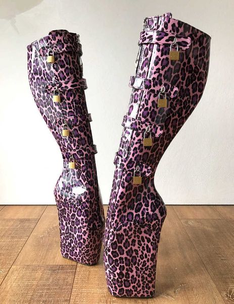 

pink leopard shoes women wedges boots fetish high heel knee high booties heels round toe women ballet heelless slip on, Black