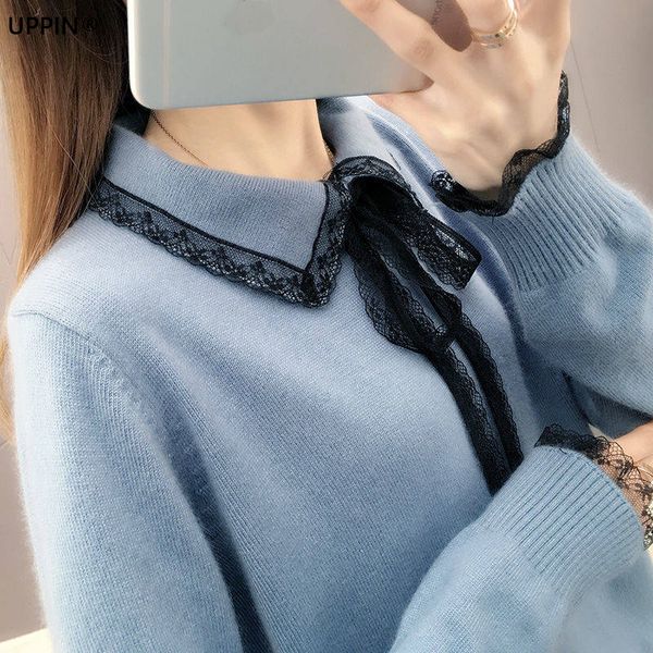 

uppin lace collar sweater 2019 new women's sweater autumn thin bow bottoming shirt, White;black