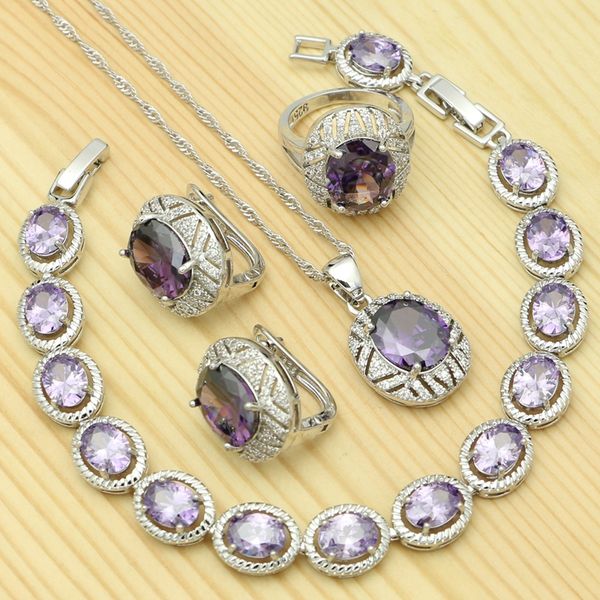 

925 серебряный свадебный комплект ювелирных изделий для женщин фиолетовый яйцо цирконий белый кристалл кольцо браслет ожерелье серьги кулон, Slivery;golden