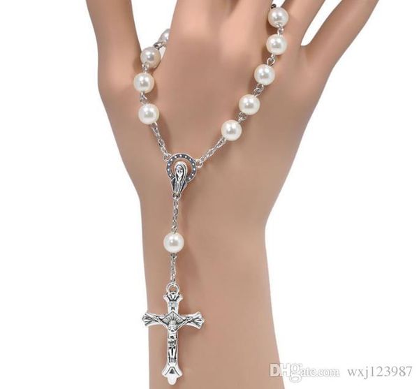 

catholic rosary bracelet white imitation pearl christ cross jesus virgin bracelet, Silver
