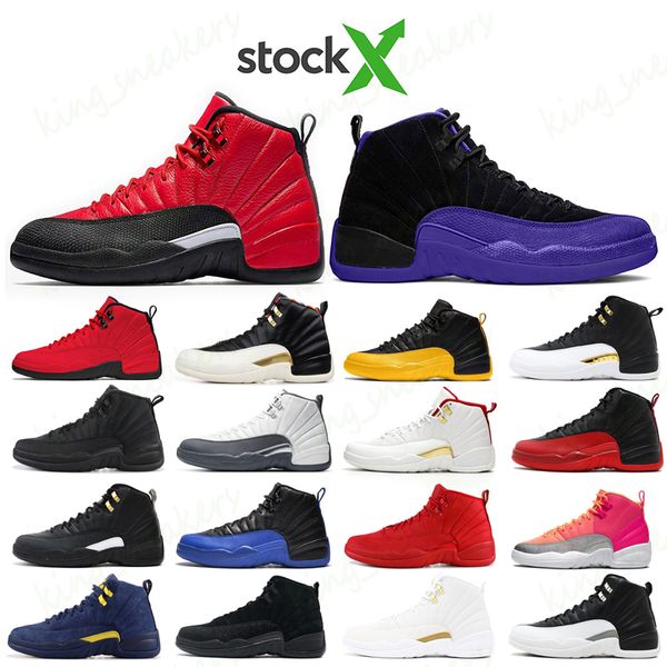 

stock x mens trainers basketball shoes 12 12s reverse flu game dark concord university gold wolf dark grey reverse taxi sports sneakers, Black