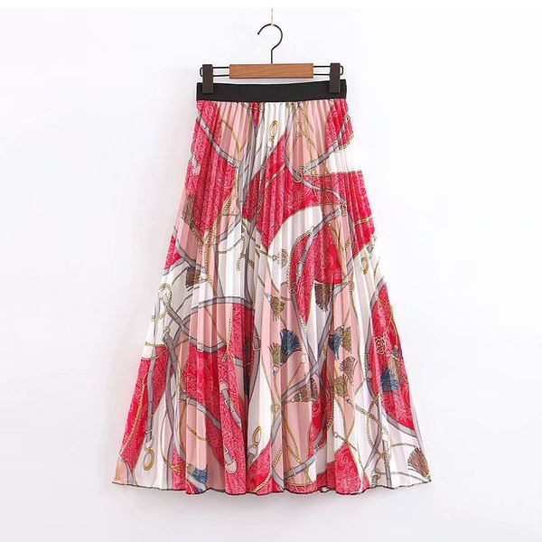 

woman chiffon long pleated skirt 2019 european style elastic high waist chain print maxi a line skirt bohemian boho skirt faldas, Black