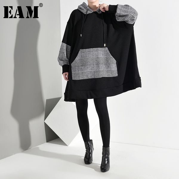 

eam] loose fit black plaid split oversized sweatshirt new hooded long sleeve women big size fashion autumn winter 2019 1k33801