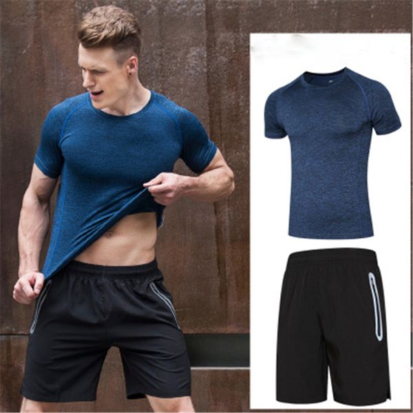 

men sport suits fitness gym sets running sportswear training basketball soccer wear jogging clothing deportivos t shirts + short, Black;blue