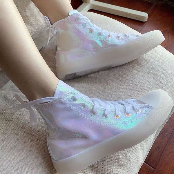 

autumn new fashionable shoe exceeds fire laser jelly glare color crystal background shell pink rainbow canvas shoe woman, Black