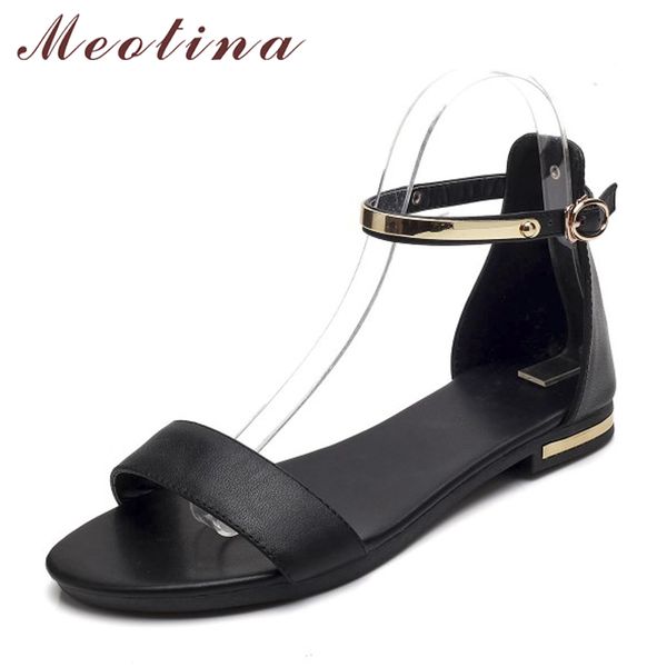 

меотина натуральная кожа женщины сандалии коренастый каблуки лето 2018 peep toe замшевые туфли черная пряжка побрякушки большой размер 33-46, Black