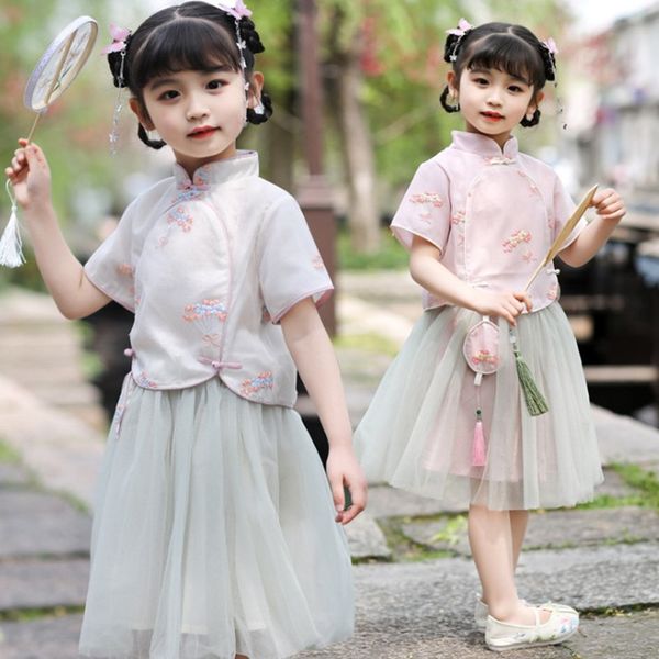 

summer short sleeve skirt sets kids girls hanfu wedding princess party dress chinese traditional clothing set lace drsses, White