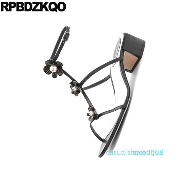 

pearl plus size pumps designer shoes women luxury 2019 wedding sandals rhinestone low heel chunky flower ankle strap gladiator z08, Black