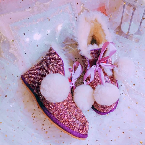 

purple rhinestone women snow boots genuine leather real fur warm winter boots waterproof lady outdoor shoes woman bota feminina, Black