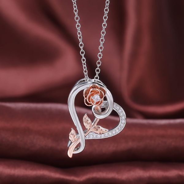 

Lady & Girls Trendy Rose for Love Heart Shaped Valentine's Necklace Pendant With Chain Silver Zircon Gift Jewelry Accessories