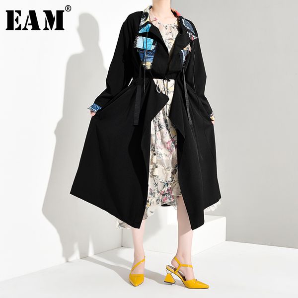 

eam] women back pattern print big size trench new lapel long sleeve loose fit windbreaker fashion tide autumn winter 2019 1b055, Tan;black