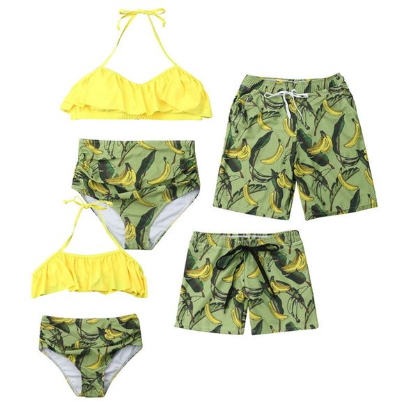 

2019 family matching swimwear parents kids bathing suit women girls halter bikini men boys banana trunks swimsuit beachwear, Blue