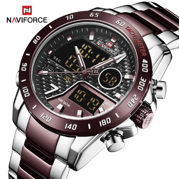 

naviforce luxury mens watches sports chronograph waterproof analog 24 hour date quartz watch men full steel wrist watches clock, Slivery;brown
