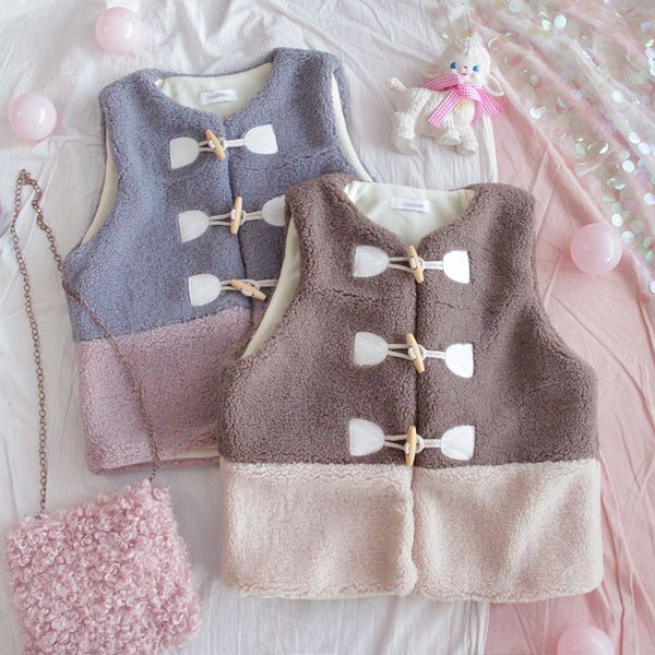 

contrast color lambskin horn buttons buckle vest mori girl, Black;white