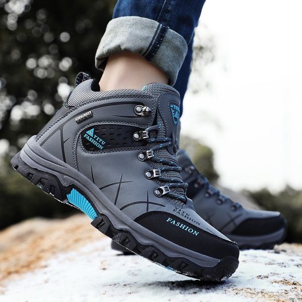 

men winter snow boots man's super warm waterproof leather sneakers outdoor male hiking boots work shoes, Black