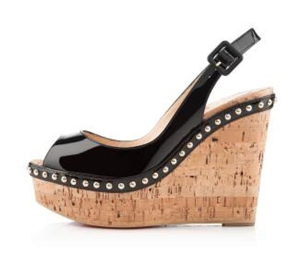 

сексуальные женщины peep toe клин на высоких каблуках дизайнер бренда красное дно monico slingback лакированная кожа насосы дамы платье с ор, Black