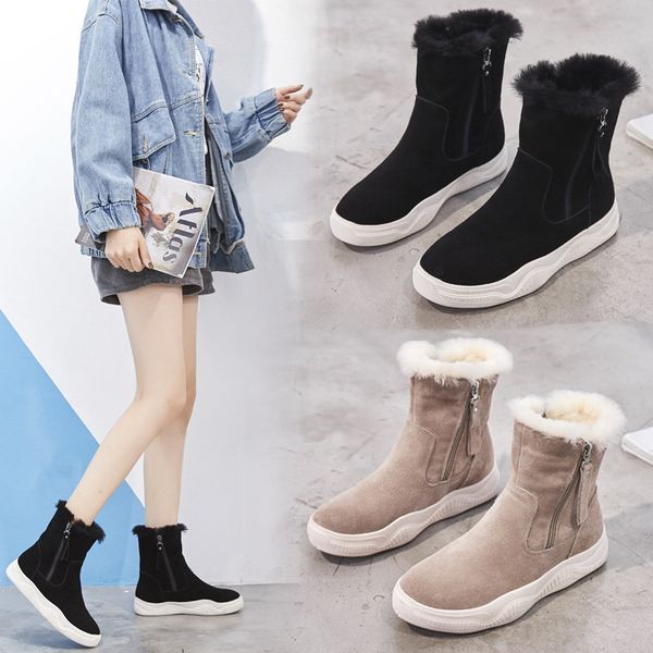 

round toe brand women's shoes boots-women booties woman 2019 low heel plush winter footwear australia zipper fashion rock mid-ca, Black