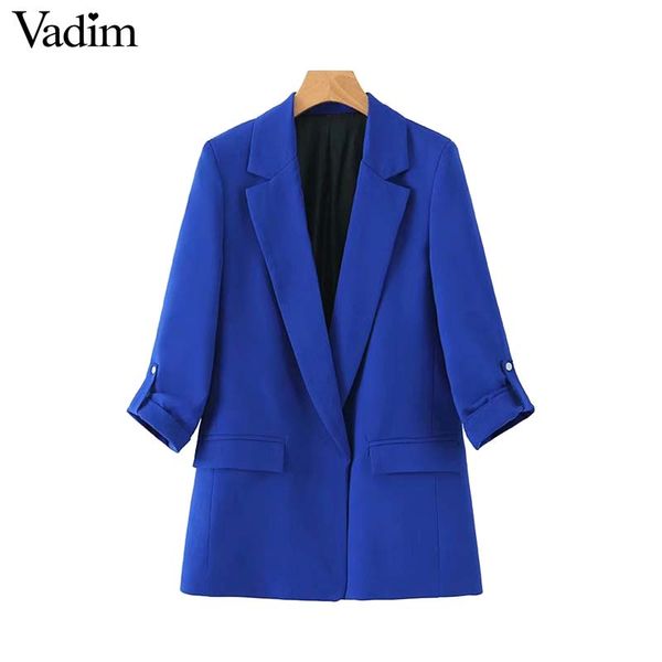 

vadim women basic blue blazer notched collar three quarter sleeve open stitch pockets female formal office wear ca508, White;black