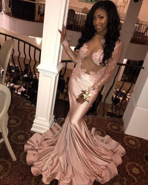 

pink prom dresses mermaid long sleeves sheer neck african sequined dresses sweep train custom plus size evening gowns, Black