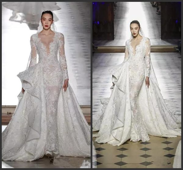 

2019 new long sleeve princess wedding dresses with detachable train tony ward bridal gowns sheer neck luxury lace dubai arabic wedding dress, White
