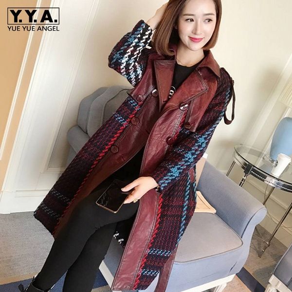 

lapel adjustable waist sheepskin patchwork tweed jackets women real leather medium length lapel slim fit worm coats, Black