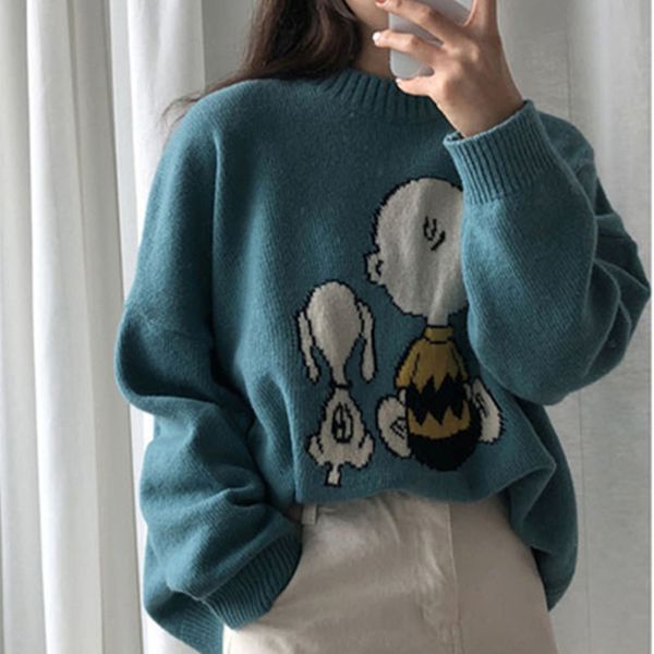 

3 colors 2018 autumn korean style cartoon print knitted sweaters womens sweaters and pullovers (bc6969, White;black