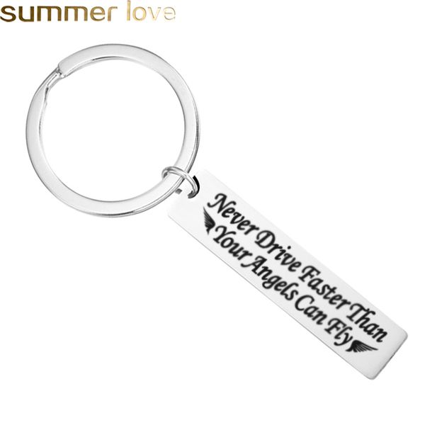 

engraved keychain never drive faster than your guardian angel can fly hand stamped keychain guardian angel key chains for hunsband boyfriend, Slivery;golden