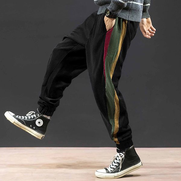 

autumn new drawstring corduroy pants men's fashion hit color cotton casual pants man streetwear wild loose harem male, Black