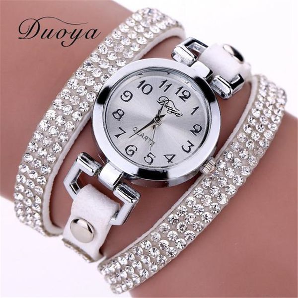

duoya brand women watches bracelet watch ladies crystal rhinestone leather bracelet dress wristwatches femmes clock gift, Slivery;brown