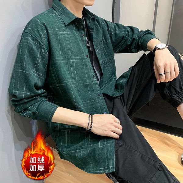 

men shirt 2019 spring and autumn new fashion plaid loose shirt plus velvet thick men's warm clothes, White;black