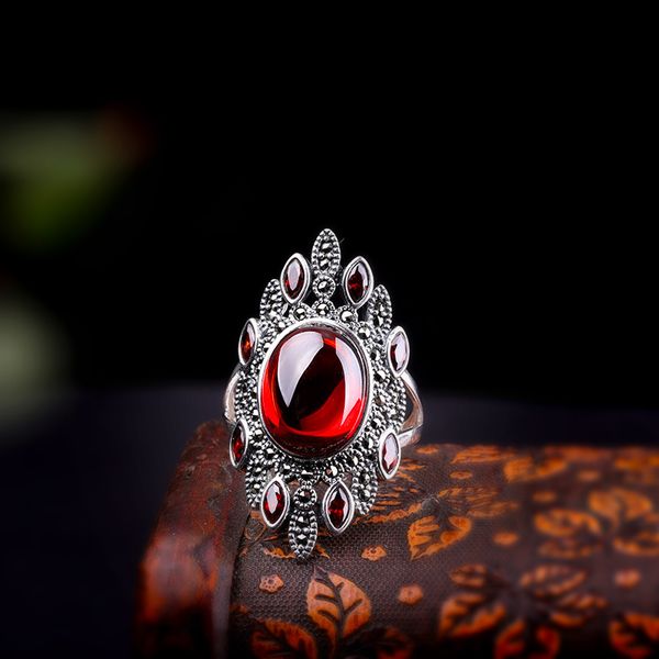 

metjakt s925 sterling silver jewelry opening women garnet thai silver ring, Golden;silver
