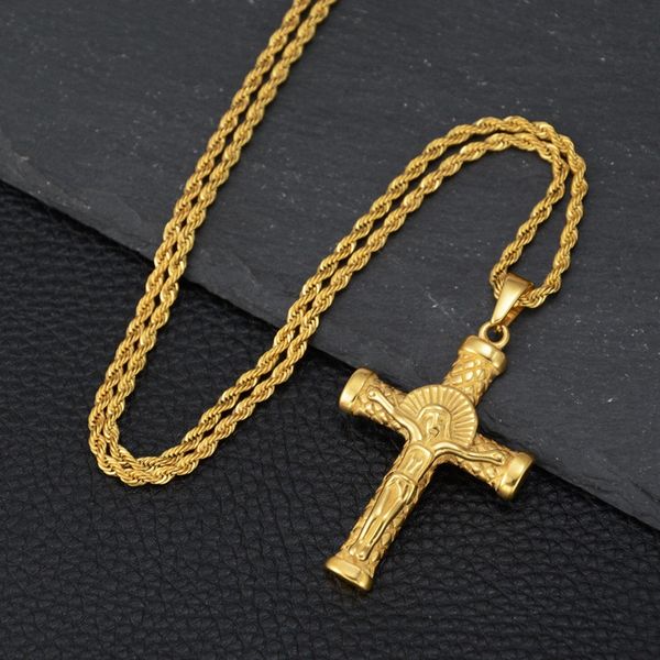 

pendant necklaces hip hop personality trend fashion semicircle jesus cross titanium steel necklace hanging ornaments men women, Silver