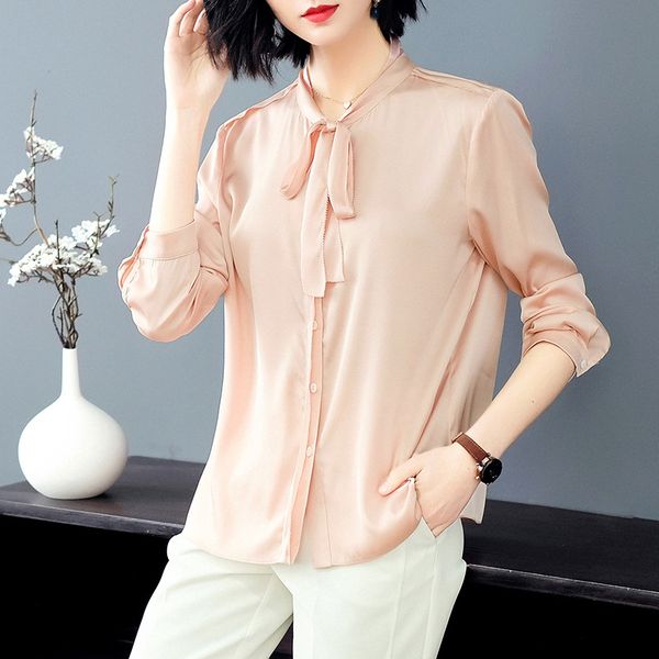 

shirts 2019 spring women fashion pure color 100% real silk shirt office lady elegant blouses and p7954, White