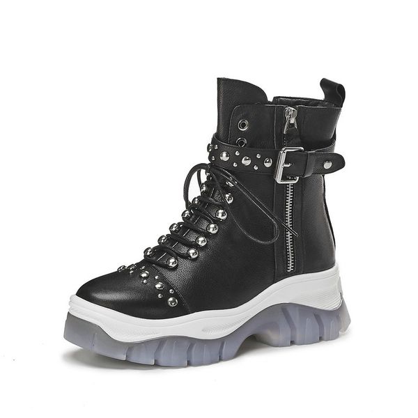 

boots women 2019 genuine leather boots handmade ankle brand round toe platform ladies shoes woman, Black