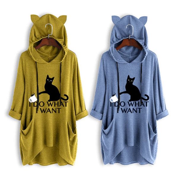 

womens plus size drawstring hoodies i do what i want cat graphic solid color sweatshirt asymmetric hem pockets tunic m-5xl, Black