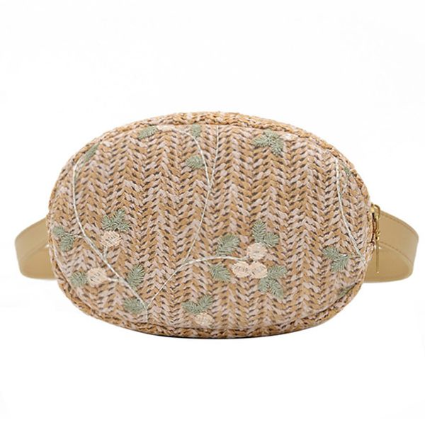 

women's straw braided cross-body bag round flower embroidery ethnic wind messenger bag summer beach handbag cream color