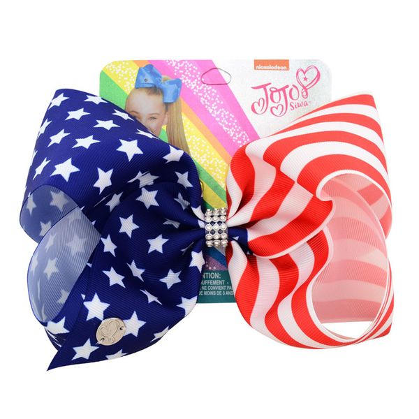

8" usa flag jojo bows hair clip large hair bow kids handmade ribbon knot jumbo fashion party hair accessories for girl, Slivery;white