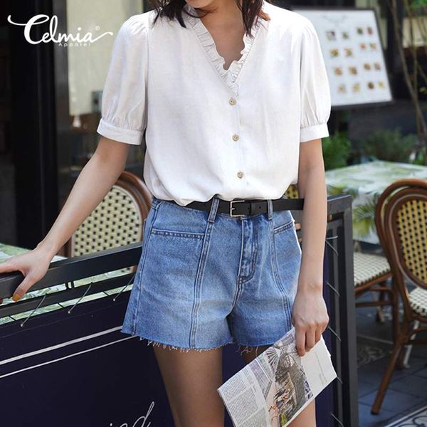 

celmia плюс размер blusas мода лета женщин top puff sleeve chic блузы sexy v-образным вырезом пуговицы повседневный работа офиса ladies 7, White