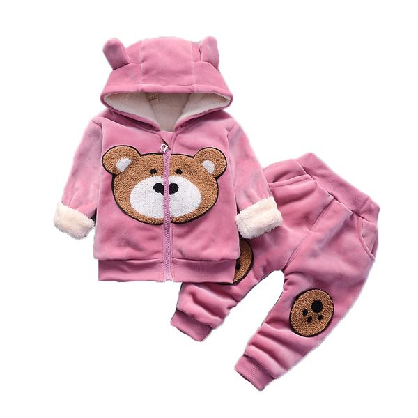 

baby boys winter clothes sets kids cartoon bear plus velvet thickened hooded zipper jacket + pants suits toddler warm tracksuit, White
