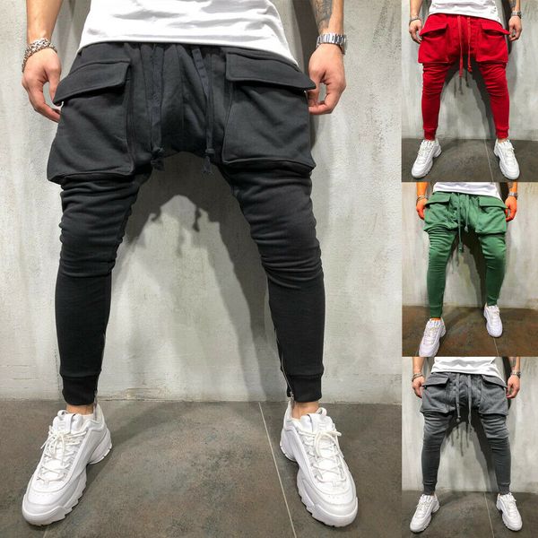 

fashion mens jogger track pants jogger combat jogging trousers bottoms sweatpant slim fit trousers running joggers gym, White;red